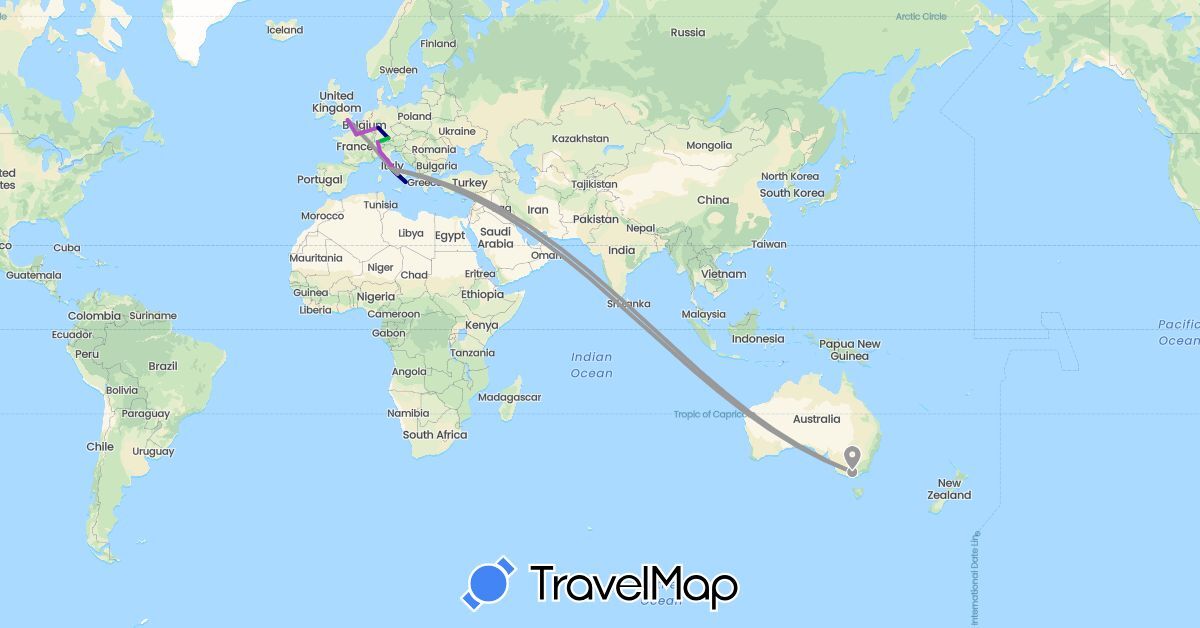 TravelMap itinerary: driving, bus, plane, train in United Arab Emirates, Australia, Switzerland, Germany, France, United Kingdom, Italy (Asia, Europe, Oceania)